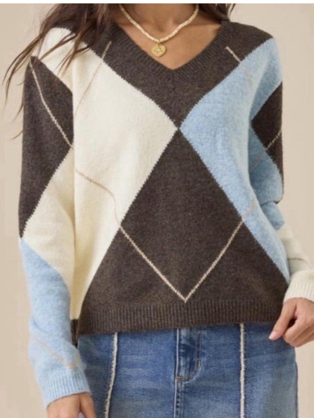 Altar’d State Argyle Sweater GUC Small Brown Blue and Cream Long Sleeve VNeck
